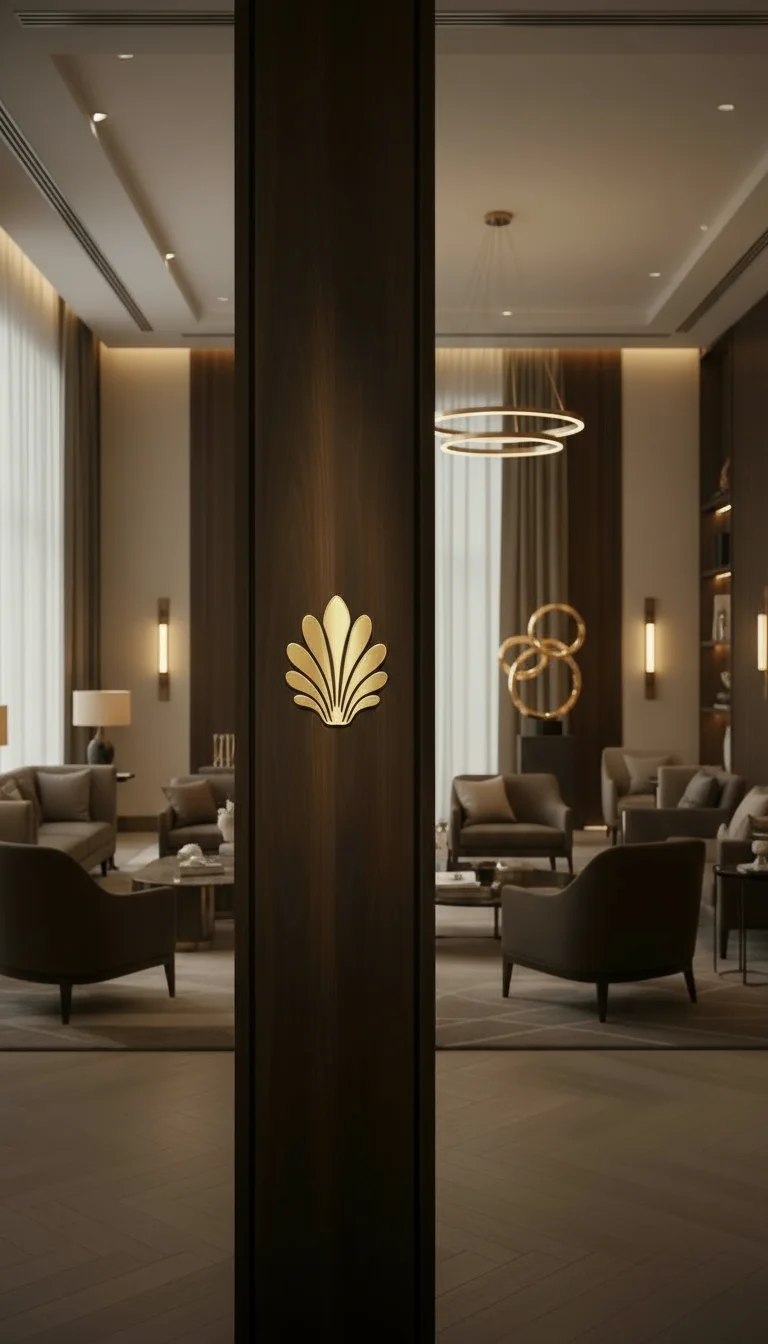 Redwood Heritage emblem on a dark wood column in a softly lit lounge with armchairs